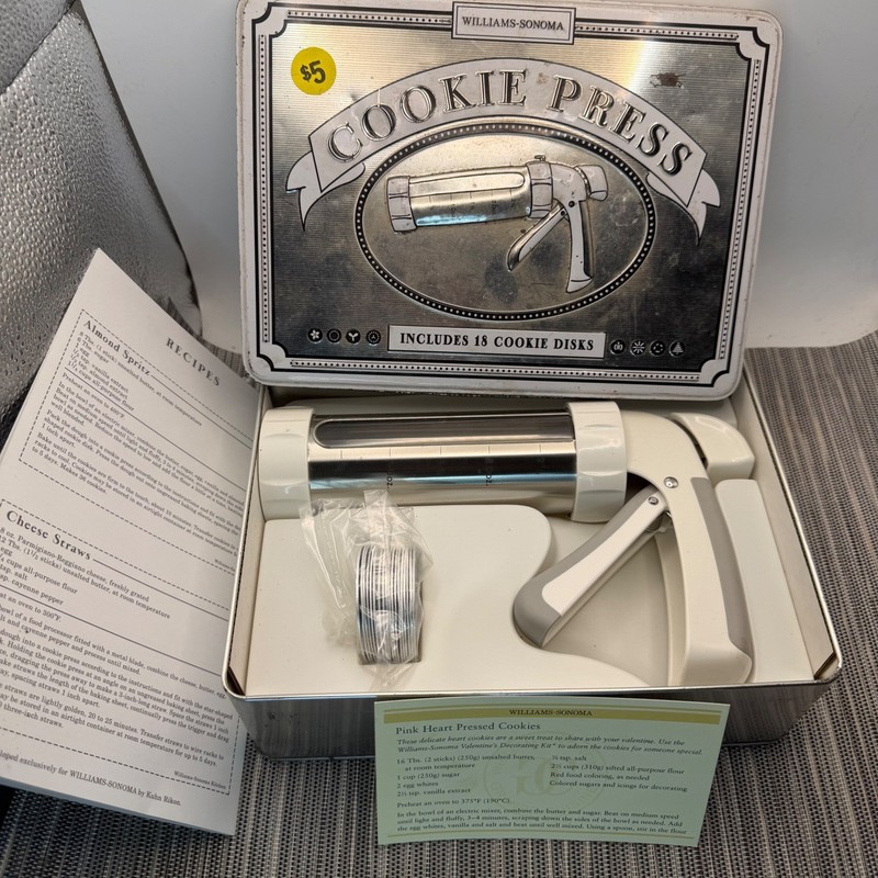 Williams-Sonoma Cookie Press Kuhn Rikon Stainless Steel 18 Disks Recipes Tin