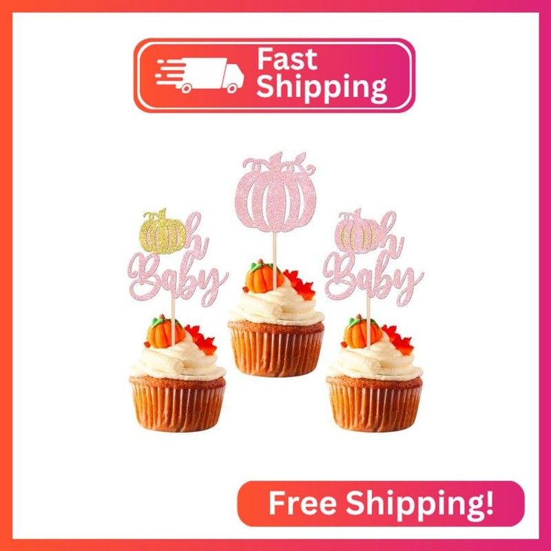 24 PCS Pumpkin Oh Baby Cupcake Toppers Glitter Fall Theme Pumpkin Cupcake Picks