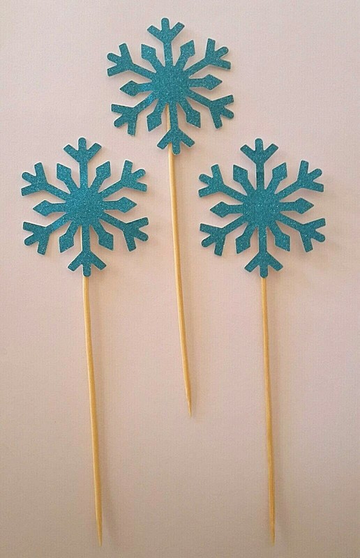 10 X GLITTER SNOWFLAKE CAKE CUPCAKE TOPPERS BLUE & SILVER SNOWFLAKE CAKE TOPPERS gallery