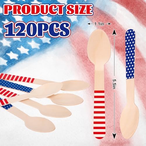 120 Pcs Patriotic Wooden Spoons Red Blue American Star Stripe Disposable gallery