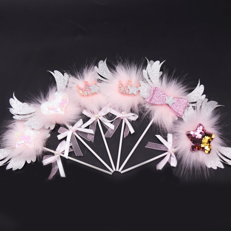Fluffy Pink Princess Crown Sparkle Heart Wings Cake Topper Party Decorations gallery
