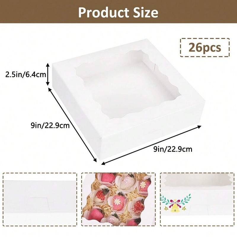26 52 Pack 9x9x2.5in White Bakery Pie Boxes Window Cookie Donut Treat Boxes gallery