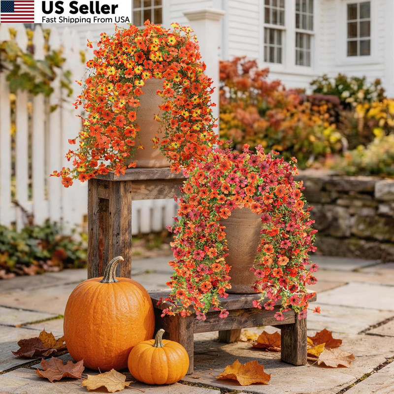 Artificial Fall Fake Flowers for Outdoor, 2 Pcs Medium, Orange Autumn Red gallery
