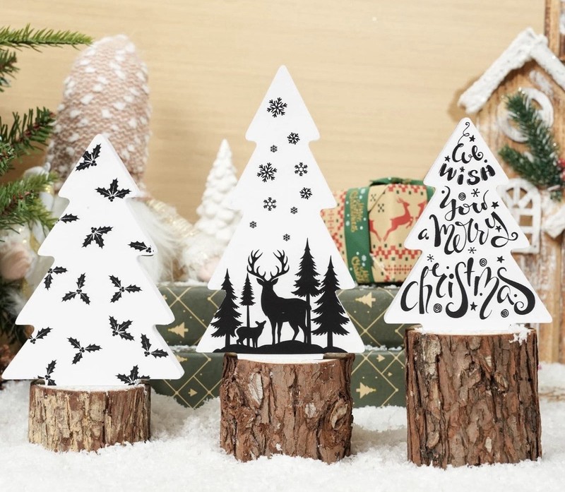 Sereliy 3 Pieces Christmas Tree Wooden Signs Black White Xmas Tiered Tray Elk gallery