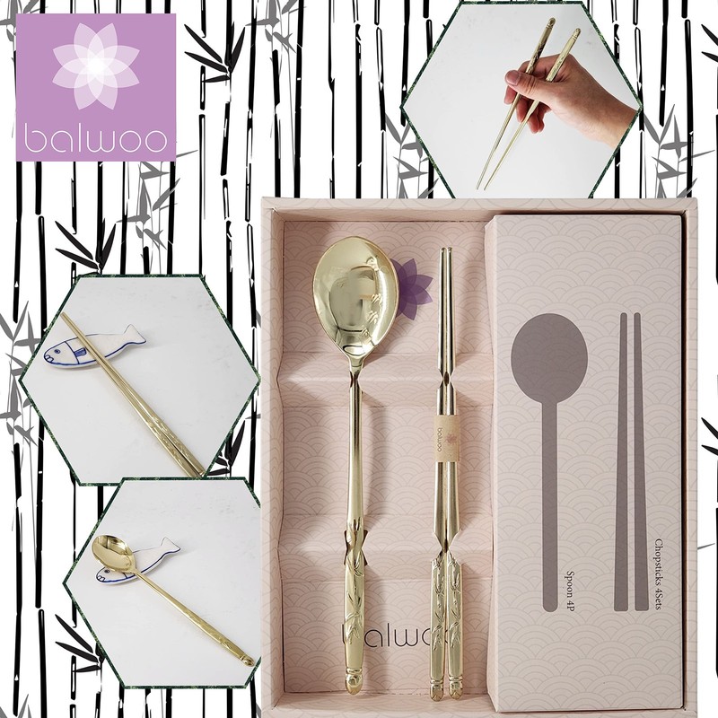 [Made in Korea] Design Sticky Rice Spoon Chopsticks Set Gold Titanium Plating... gallery