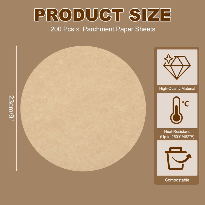 200 Pcs Parchment Paper Baking Sheets Rounds, 9" Non Stick Paper, Wood Color gallery
