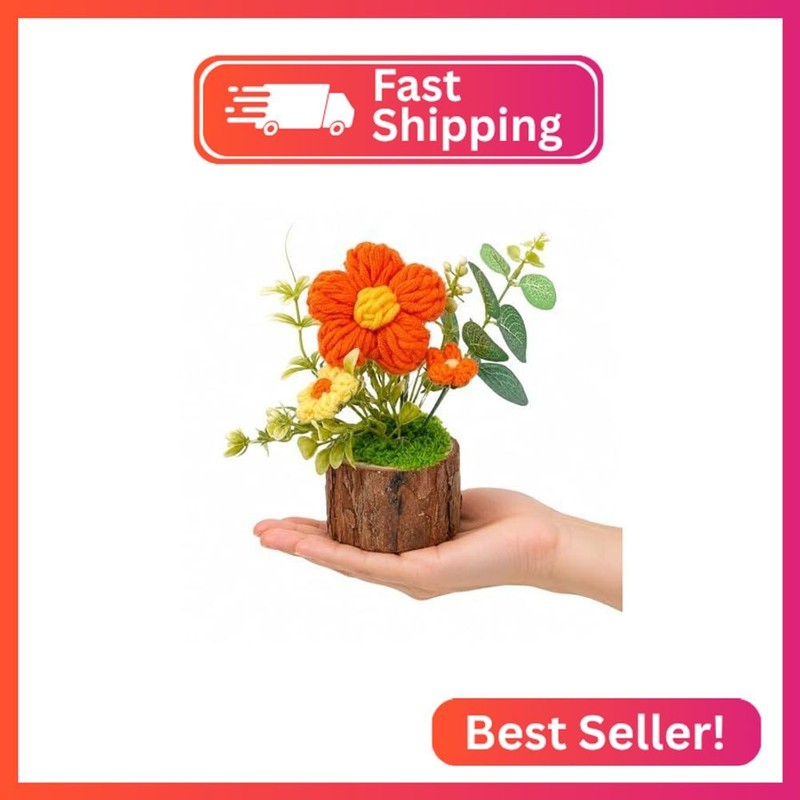 Tileafry Hand Crochet Knitted Potted Rose Bouquet Creative Knitted Potted Plant
