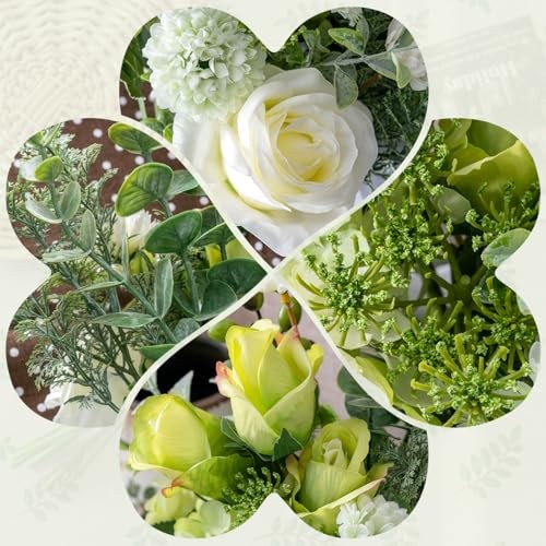Small Artificial Flowers in Ceramic Vase, Faux Flower Bouquet for White+green gallery