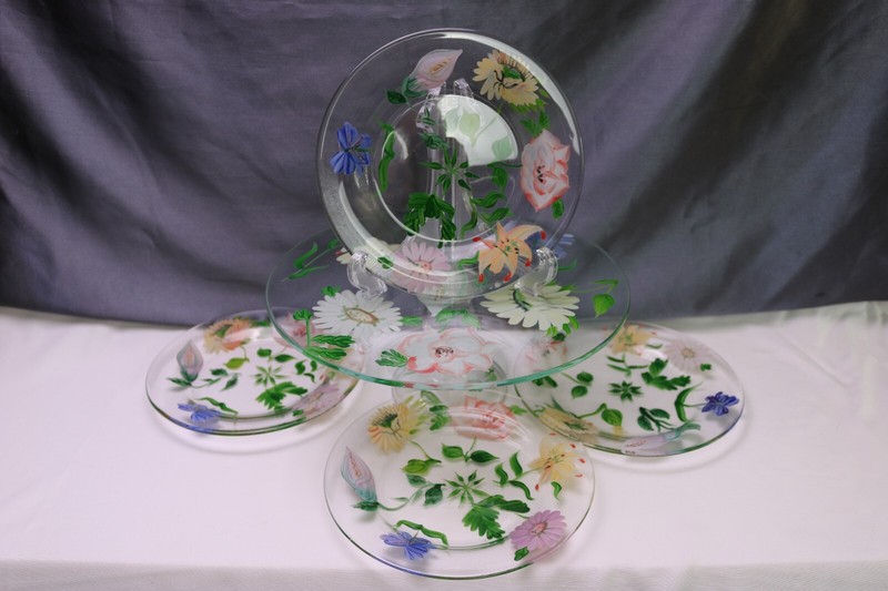 Royal Danub Floral Hand Painted Footed Cake Stand & 4 Salad Plates