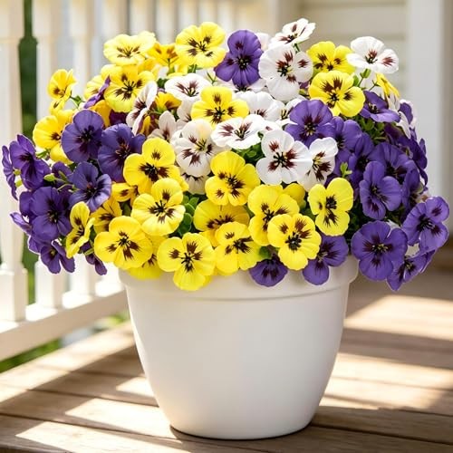 Artificial Pansies Flowers for Outdoors, 12 Pcs Faux Yellow White Purple,12 Pcs