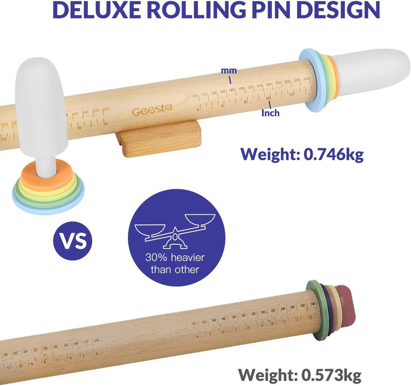 Geesta Adjustable Wood Rolling Pin with 5 Thickness Rings, Precise Dough Roller gallery