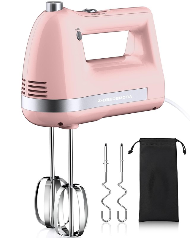 Electric Hand Mixer Powerful 300W Handheld With Beaters Dough Hooks Pink gallery