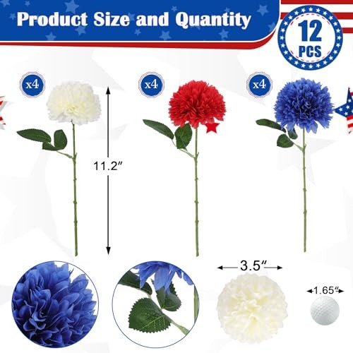 Pcs Artificial Chrysanthemums Flowers Patriotic Flower, 12 Red, White, Blue gallery