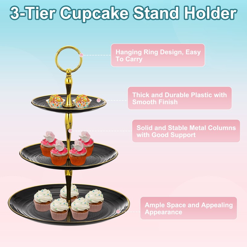 3-Tier Cupcake Stand Holder, Plastic Tiered Dessert Tower Tray, Black gallery