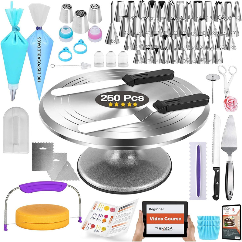 250 Pcs Aluminum Cake Decorating Tools Kit with 12" Metal Turntable & Knife S...
