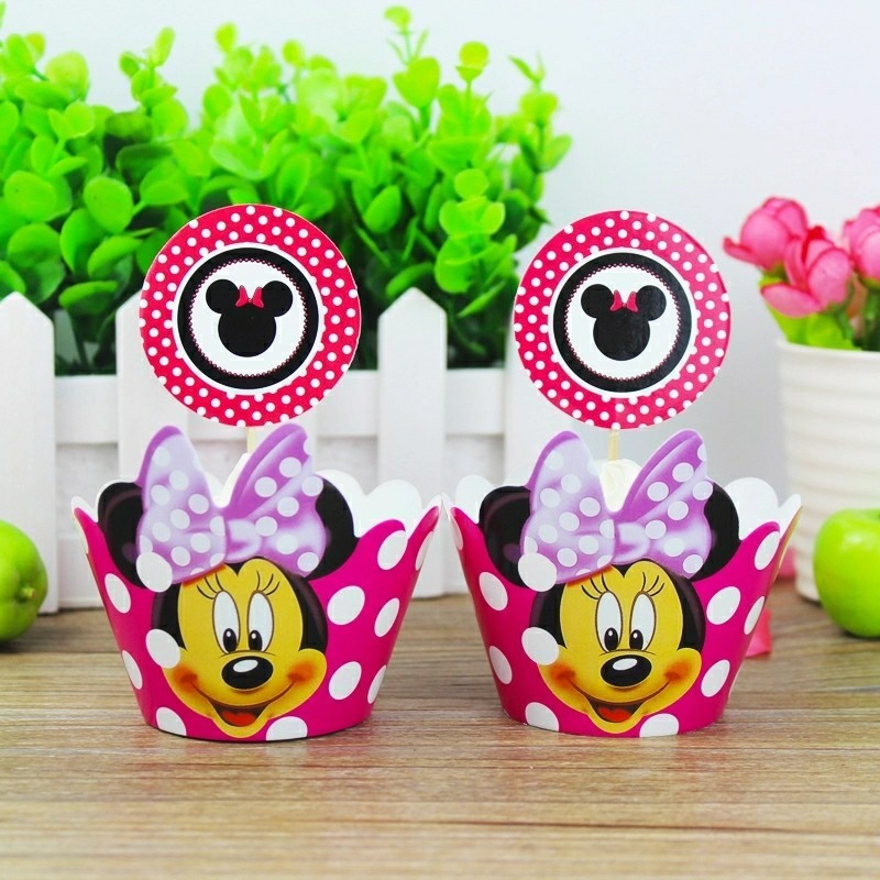 48 Pcs, 24 minnie mouse Cupcake Wrappers & 24 Toppers Kids Birthday Party Supply