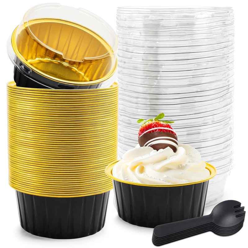 50 PCS 5 Oz Mini Loaf Pans With Lids Black Gold Aluminum Foil Baking Cup