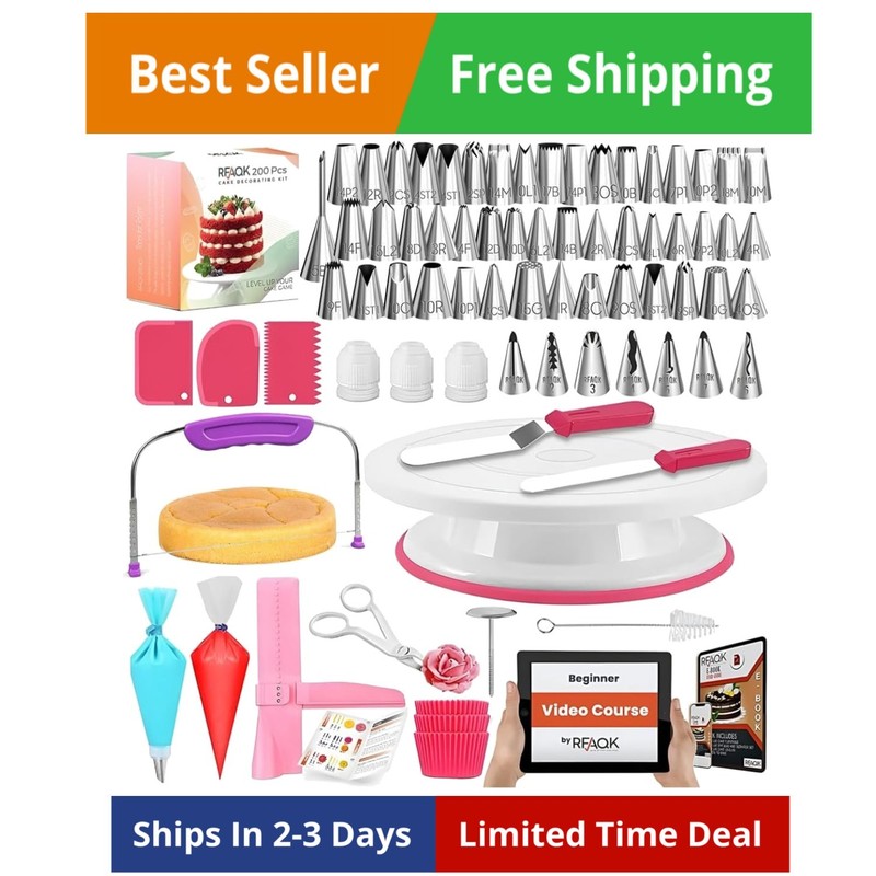 200PCs Cake Decorating Kit with Cake Turntable & Leveler, Baking Supplies Gif…