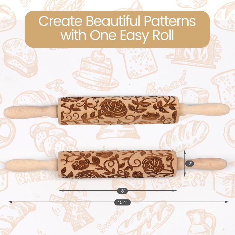 Floral Rose Embossed Rolling Pin for Baking Cookies Embossing Rolling Pins wi... gallery
