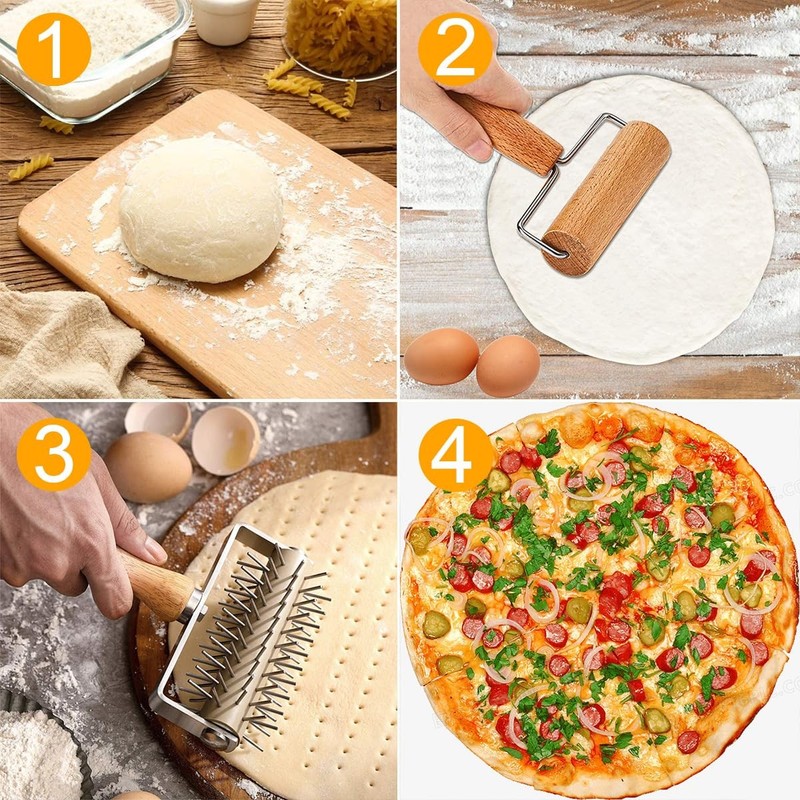2 PCS Dough Docker Hole Maker Wood Stainless Steel Pizza Pastry Rolling Pin gallery