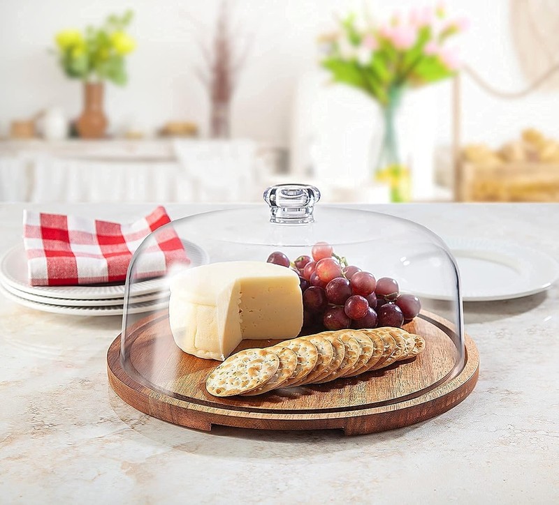 Cake Stand Cake Plate Server Platter W/ Dome Acacia Wood & Shaterproof Acrylic gallery