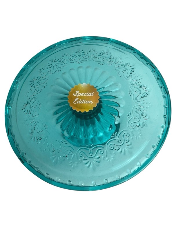 Pioneer Woman NEW! Pedestal Scalloped Embossed Cake Stand Teal Clear Glass 10 in gallery