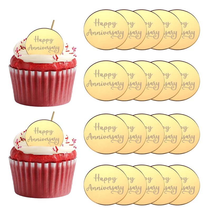20Pcs Acrylic Mirror Happy Anniversary Cupcake Toppers Round  Shapes, 059-Gold