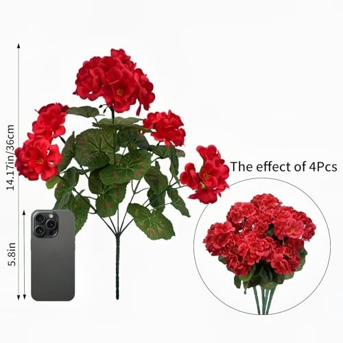 4Pcs Geraniums Artificial Flowers Realistic for Outdoors 14" Faux Silk Red gallery