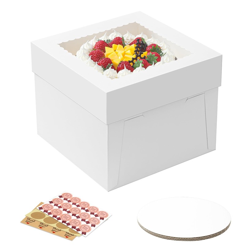 3 Pack Cake Boxes, 10x10x8 Inches Tall Cake Box with Cake Boards, White Baker…