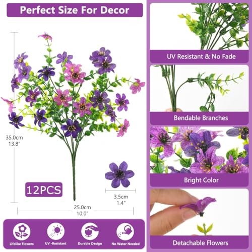 Artificial Flowers for Outdoors, 12 Bundles Multicolor Faux Silk Double Purple gallery