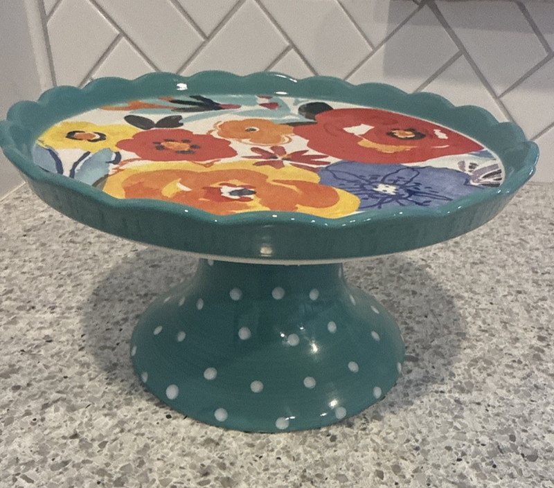 Pioneer Woman Flea Market Floral Polka Dot Cake Stand Decor EXCELLENT 8” X 4.25” gallery