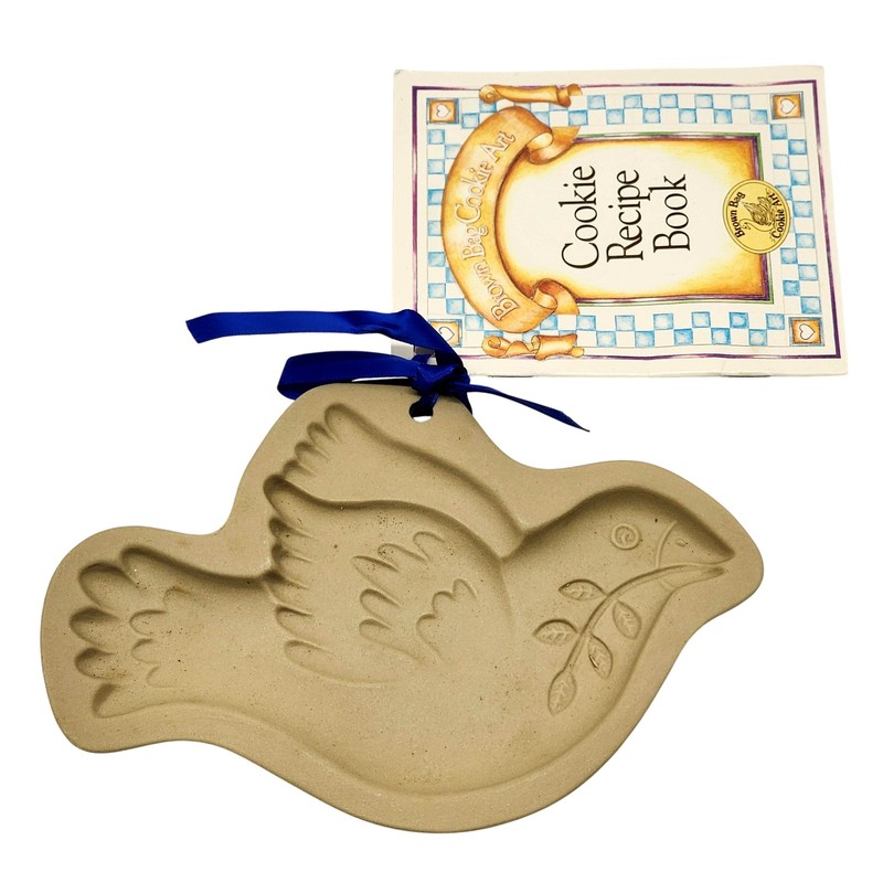 Vintage Brown Bag Cookie Art Dove Cookie Mold 1993 W/ Recipe Book Beige Ceramic