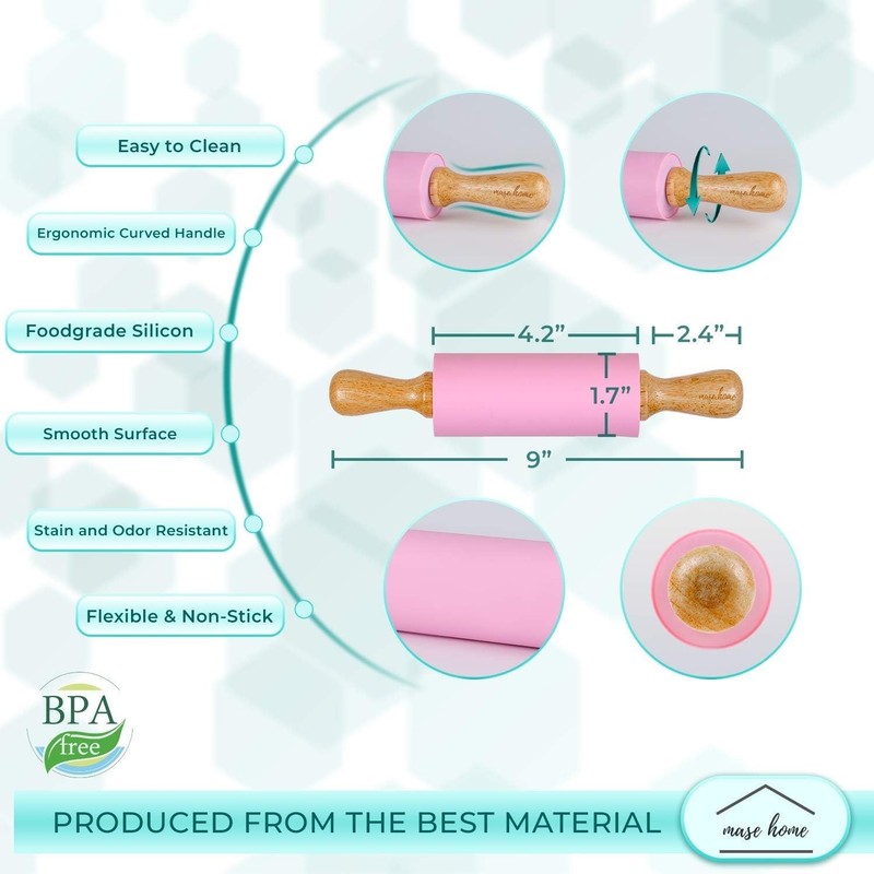 Fun 9" Pink Silicone Rolling Pin for Children - Ideal for Cookies and Playdough gallery
