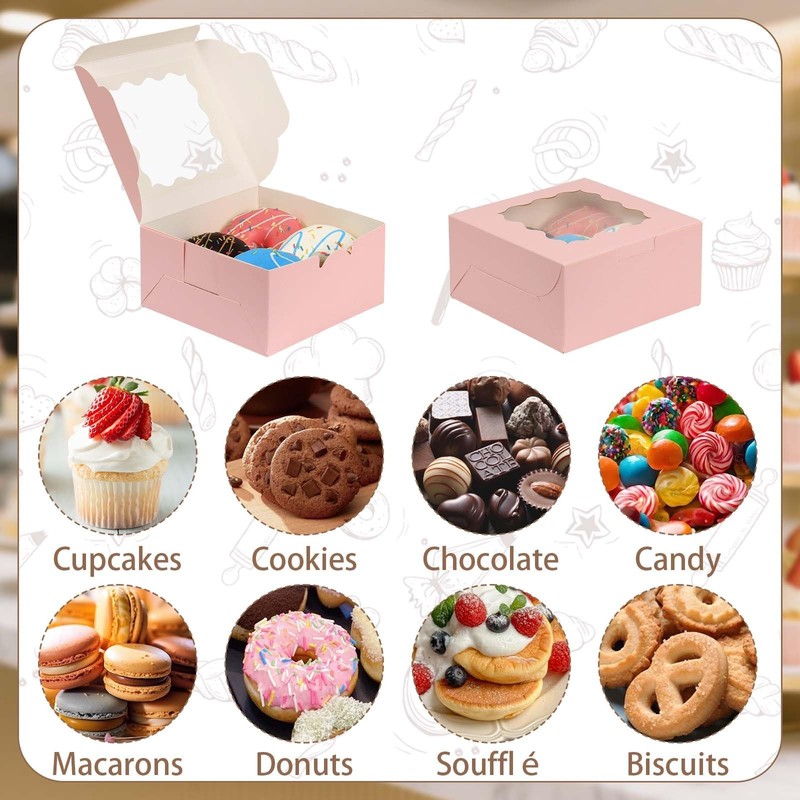 50 PCS 6x6x3 Inch Bakery Boxes With Window Pink Cookie Treat Desserts Pastry gallery
