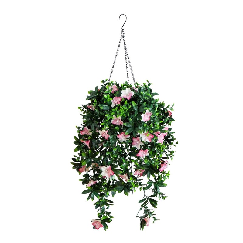 Nearly Natural 34in Pink Blooms Azalea Hanging Basket Indoor/Outdoor