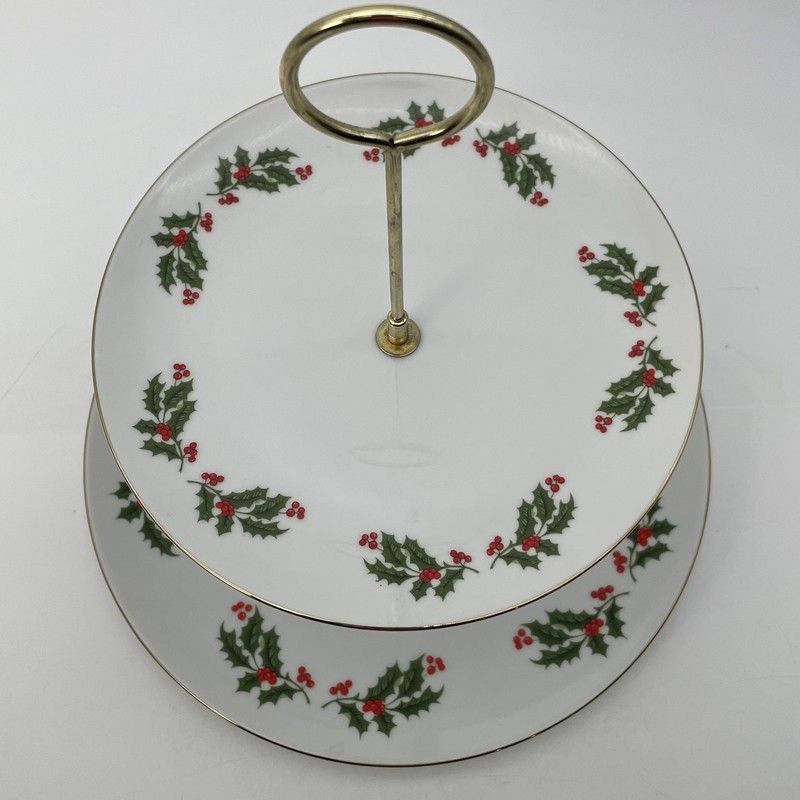 Kashima Christmas Holly 2-Tier Cake Stand Dessert Server White Porcelain Japan gallery