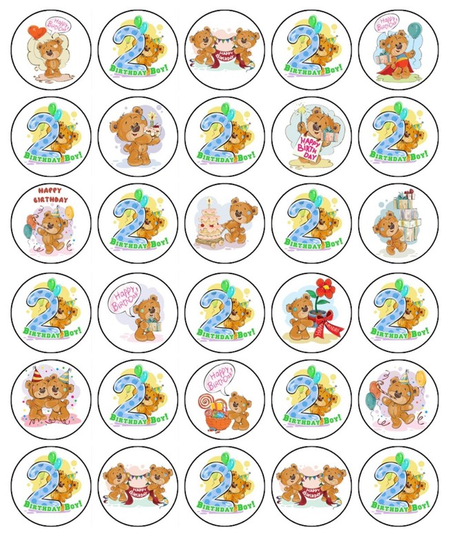 Teddy Bear 2nd Birthday Edible Cupcake Toppers Wafer Cake Decoration (3 Designs)