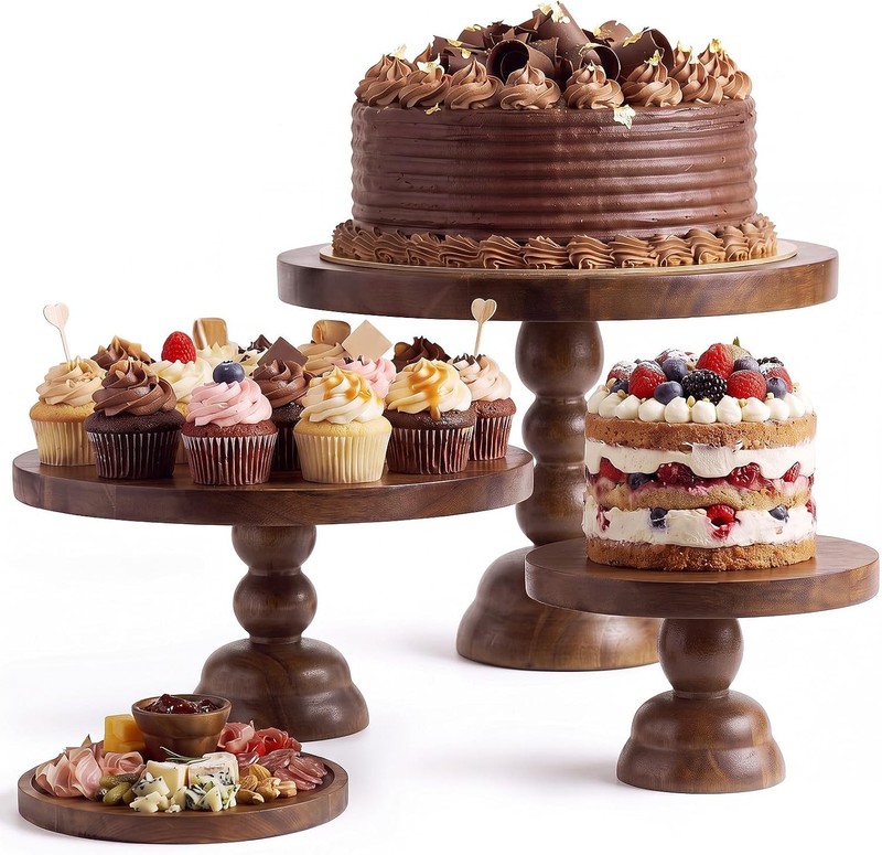 Set of 3 Acacia Wood Cake Stands 8/10/12 Inch 2-in-1 Rustic Farmhouse