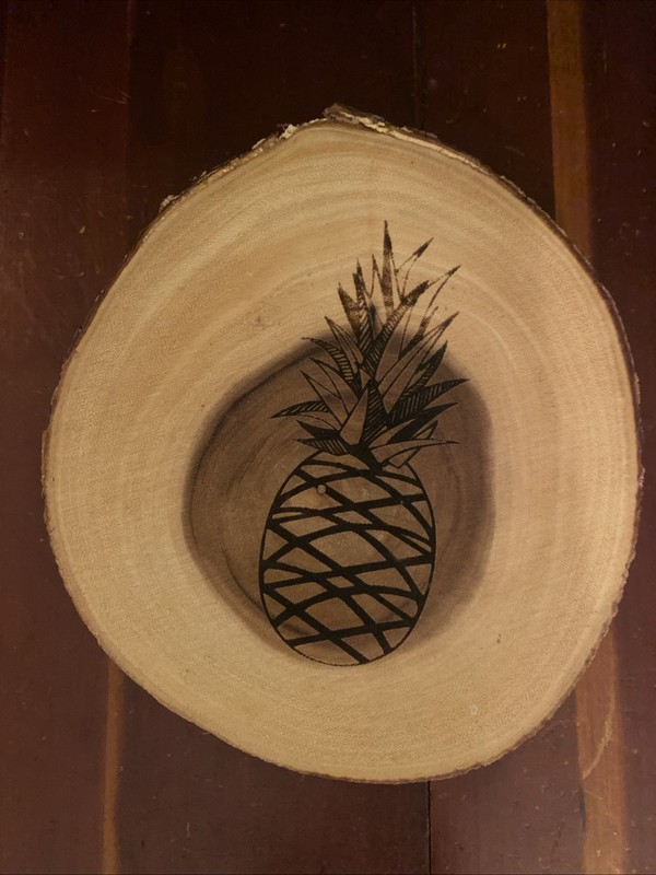 Meritage Wooden Cake Stand/Trivet Pineapple Wood Burned Design Rustic Home Decor