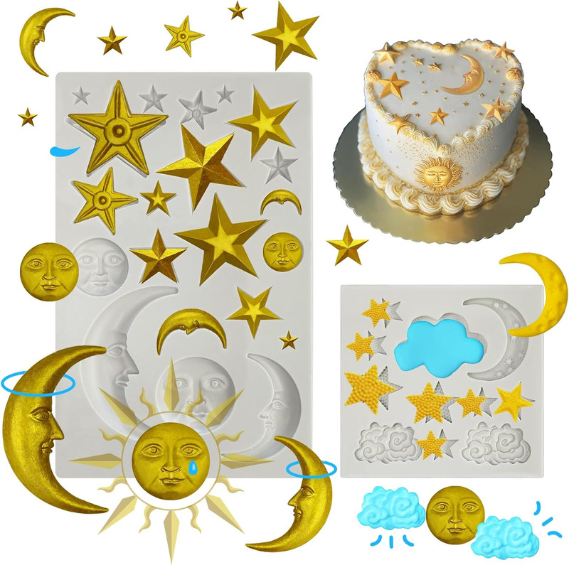 2 Pcs Moon Star Sun Face Silicone Molds Cloud Fondant Cake Molds Candy Polymer C