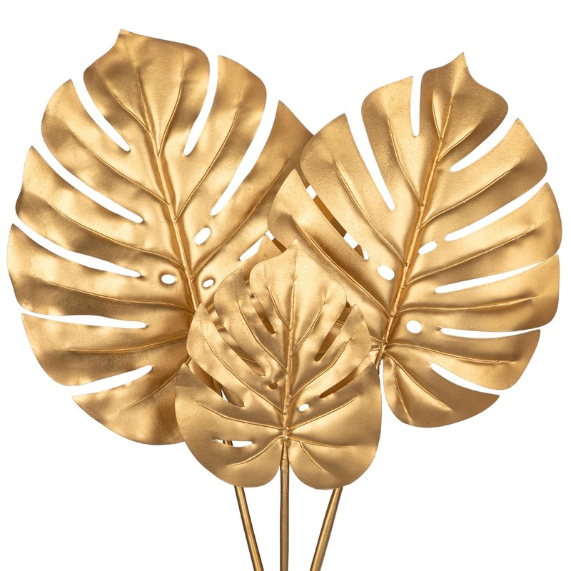 Dilatata 3 Pcs Artificial Monstera Leaves Long Stem – Golden Tropical Plant