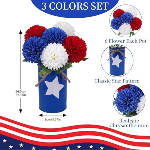 3 PCS 4th of July Artificial Flowers in Vase 9.6" Patriotic Multi Color gallery