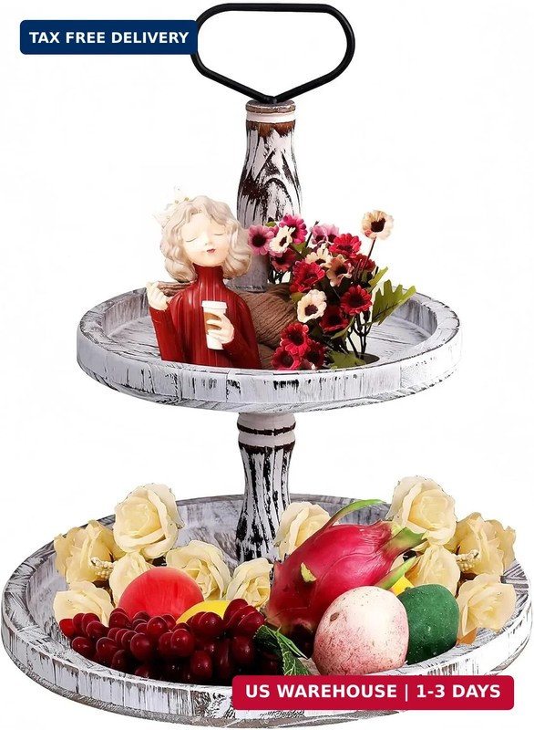 Two Tiered Tray Tier Trays Round Rustic Cupcake Stand,Serving Cakes Holder with