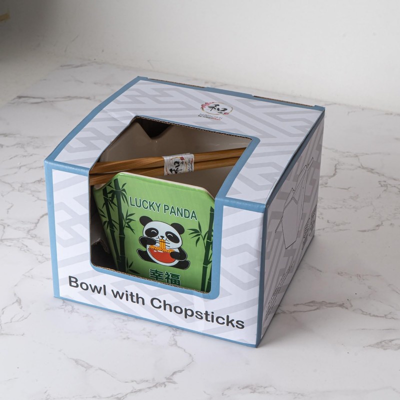 Chinese Takeout Box Style Porcelain Bowl With Chopsticks 18 fl oz Square Shap... gallery