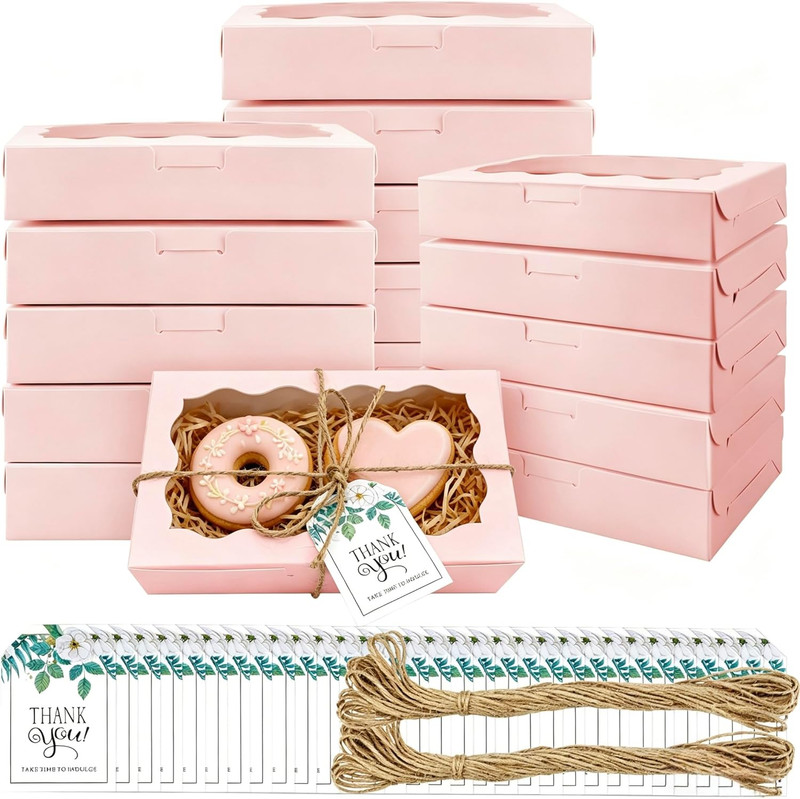 40 Pack Cookie Boxes with Clear Window, 7 X 4 3/8 X 1½ Inch Small Pink Kraft Can