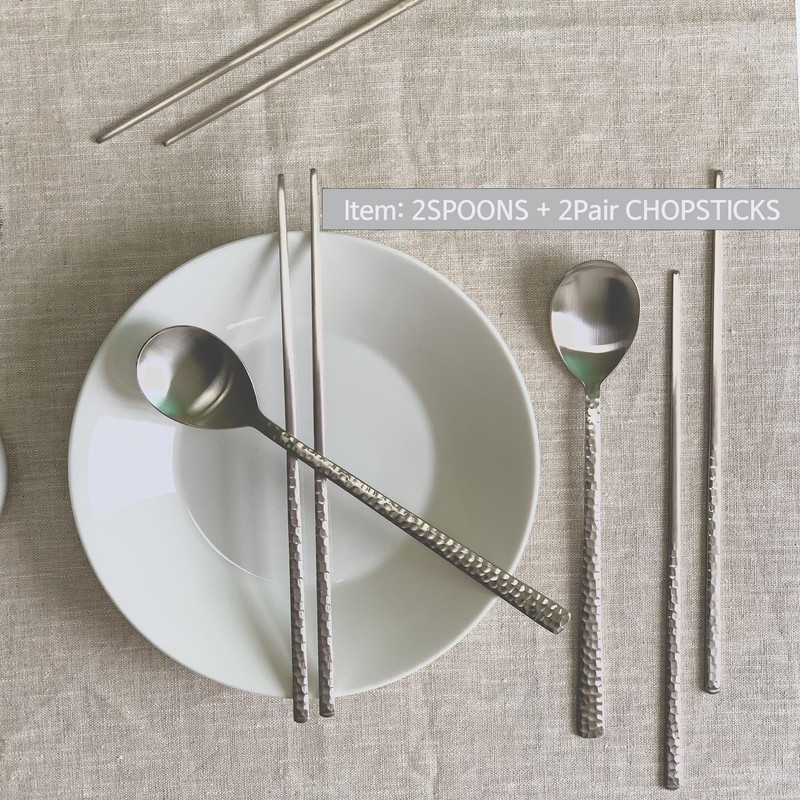 2 PCS Korean Silver Glossy Hammered Stainless Steel Spoon Chopstick Set Gift gallery