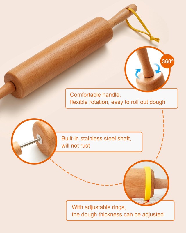 Classic Wood Rolling Pin 17" Rolling Pins for Baking with Silicone Mat and Ad... gallery
