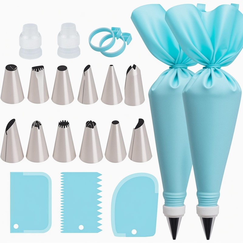 Piping Bags and Tips Set, Reusable Cake Decorating Supplies with 2 Sky Blue