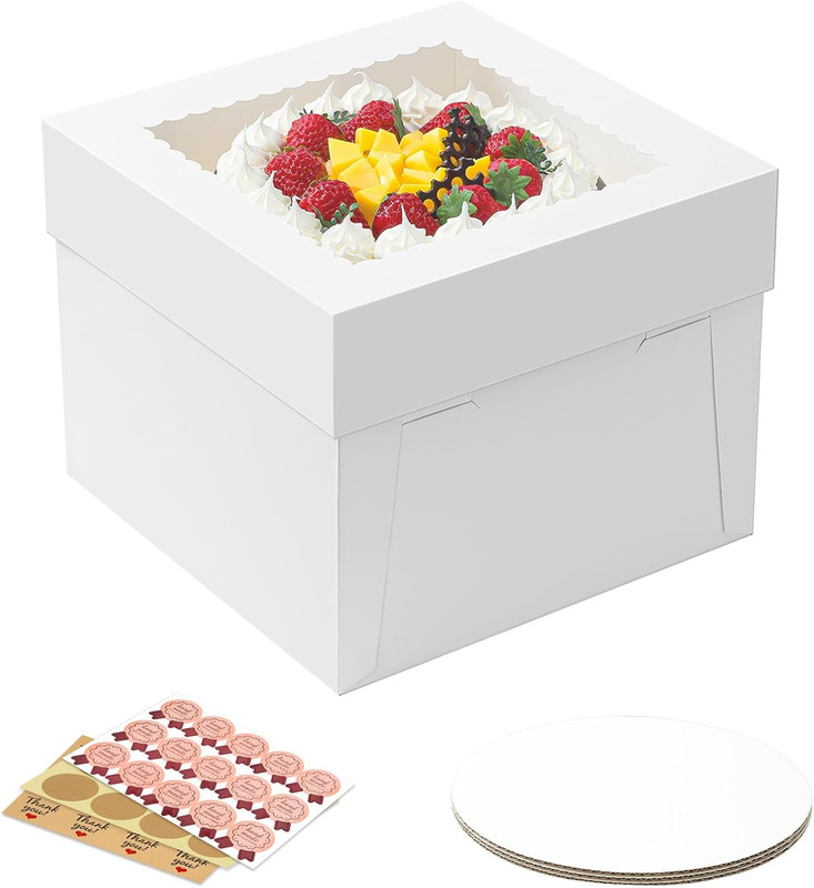 3 Pack Cake Boxes, 10X10X8 Inches Tall Cake Box with Cake Boards, White Bakery