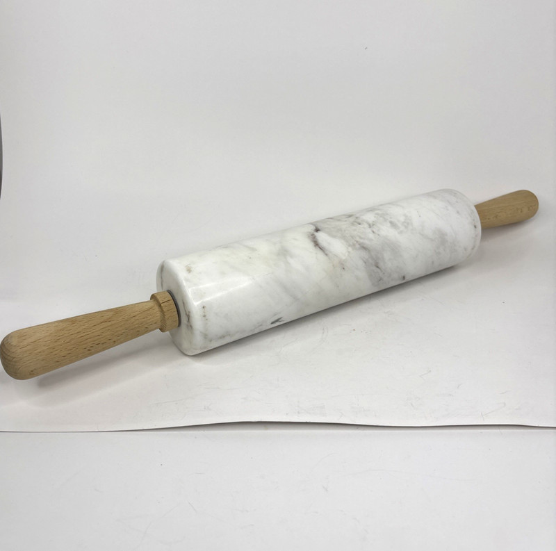 Polished Marble Rolling Pin White Gray 18″ Long 10″ Barrel Vintage Wood Handles